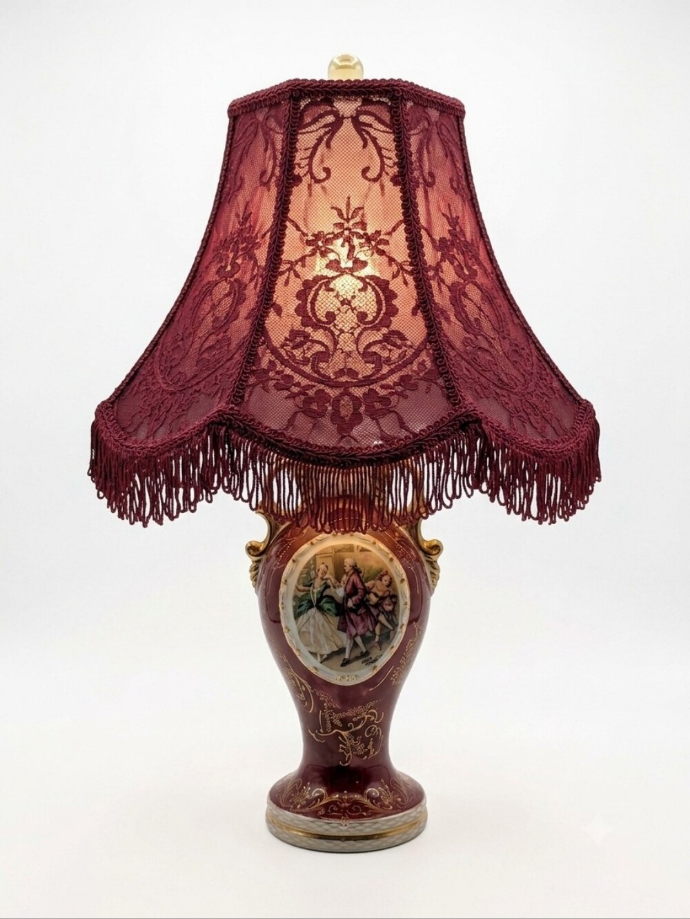 Mid-century Rococo Style Burgundy & Gold Porcelain Figural Urn Table Lamp - Picture 2 of 16